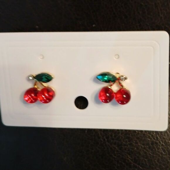 3D Red Cherry Cherries Stud Earrings Green Rhinestone Leaves - Picture 5 of 5